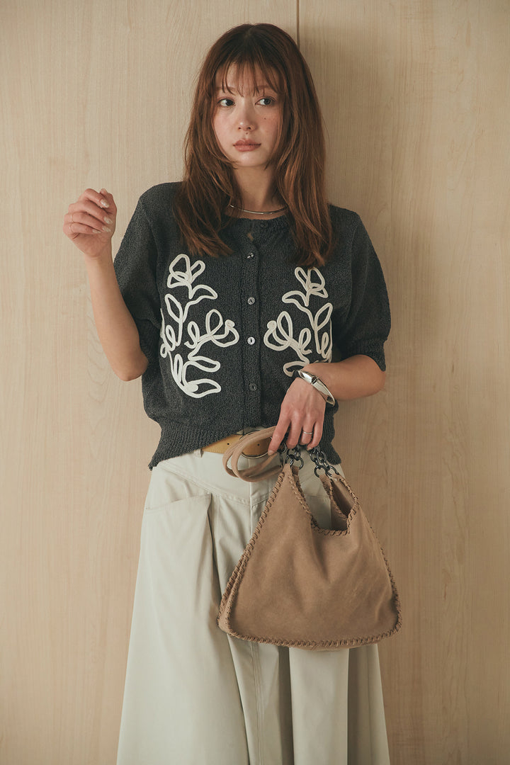 [SET]フロントテープデザイン半袖カーディガン+ミリタリーツイルタックフレアスカート(2set)