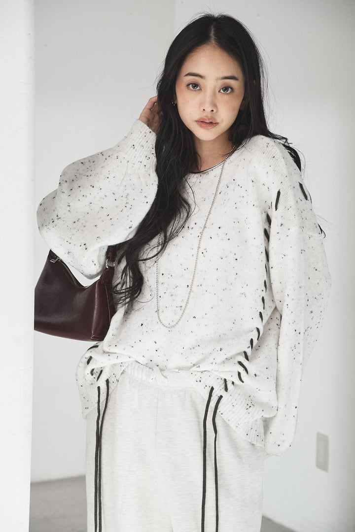 [SET]ネップ編み上げニットトップス+裏起毛スウェットワイドパンツ(2set)