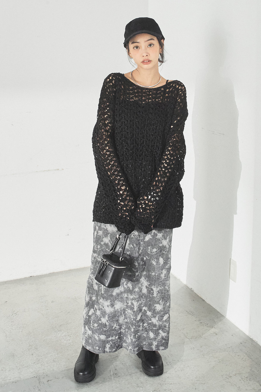 [SET]リラックスメッシュニットトップス+タイダイ柄ベロアワイドスカート(2set)