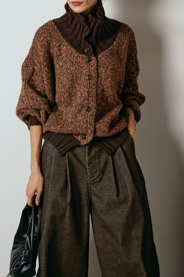 [SET]ハイネックミックスニットカーディガン+フロントタック入りコーデュロイパンツ(2set)