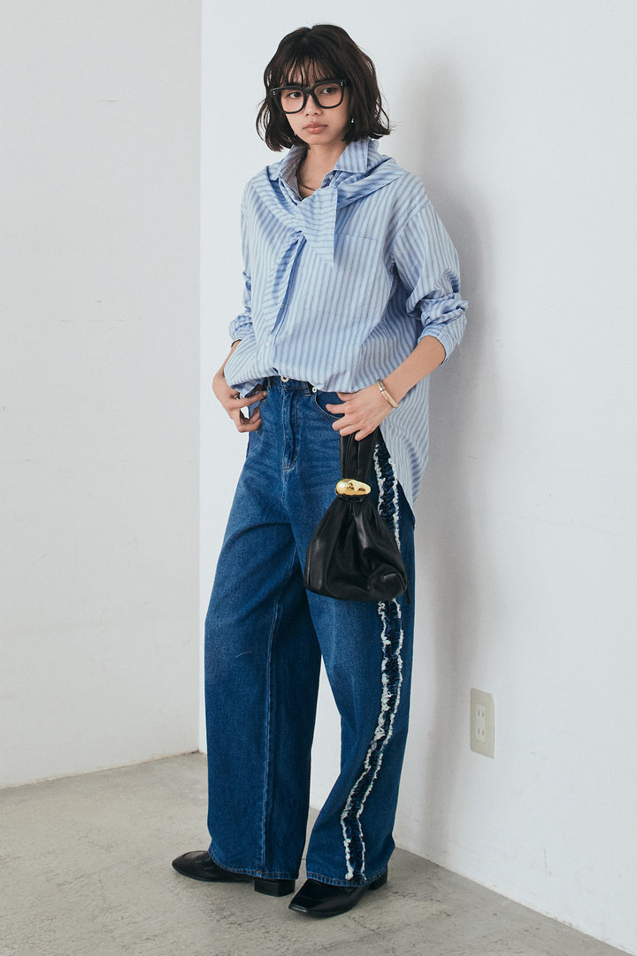 [SET]ランダムストライプスカーフ付きシャツ+デニムサイドフリルパンツ(2set)