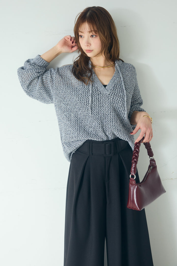 【即納】ミックスメッシュキーネックプルオーバー