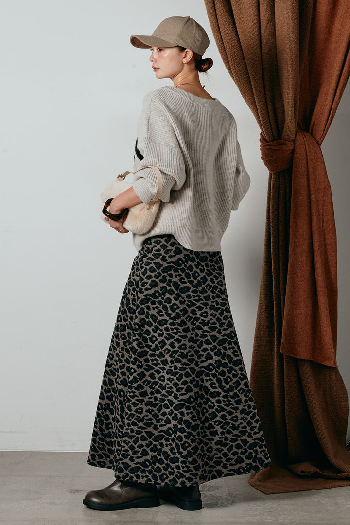 [SET]ロゴジャガードニットトップス+レオパードロングスカート(2set)
