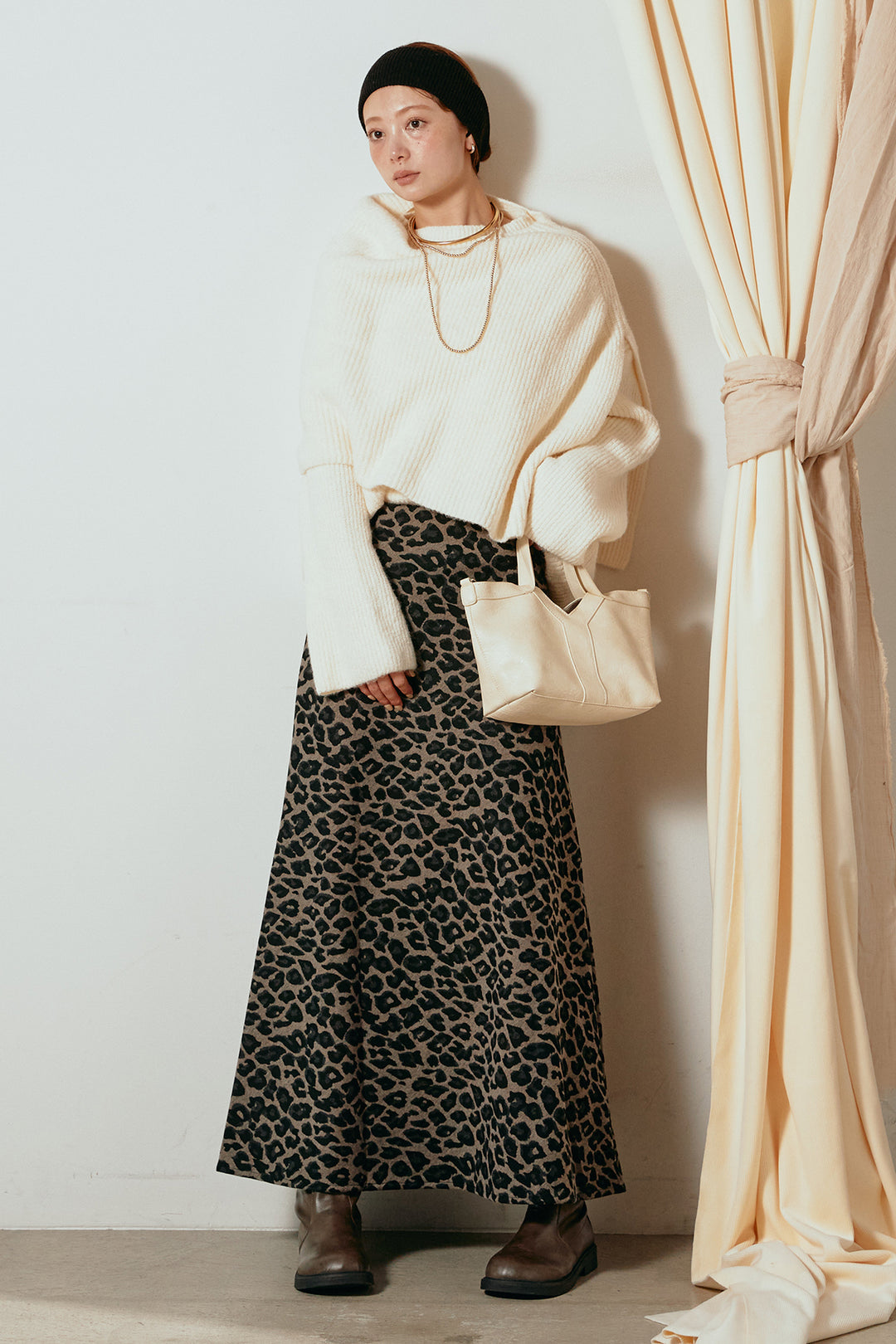 [SET]ケープデザインリブニットトップス+レオパードロングスカート(2set)