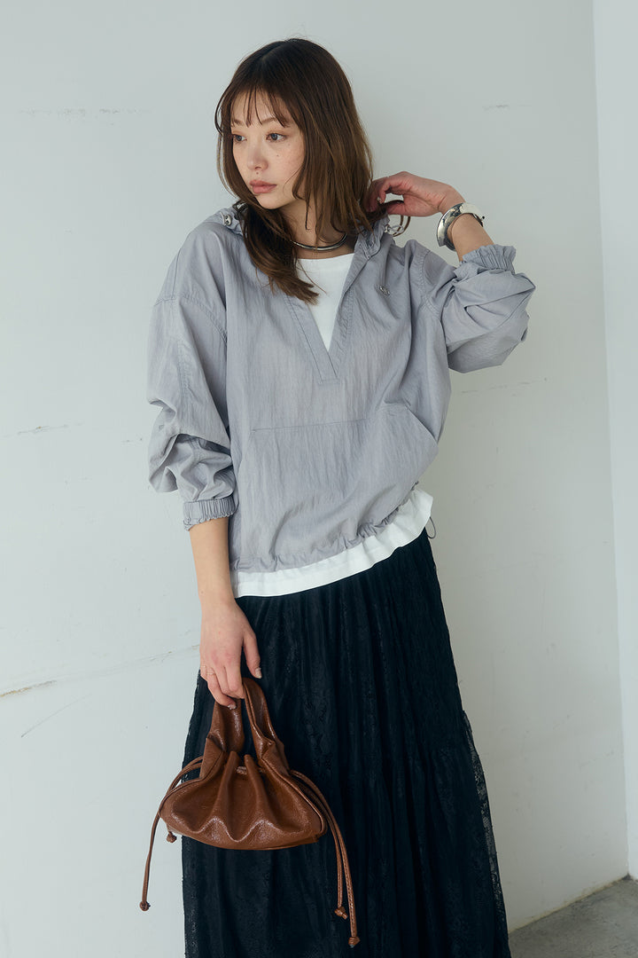 [SET]レイヤードデザインフーディートップス+ひげレース切替ロング丈スカート(2set)