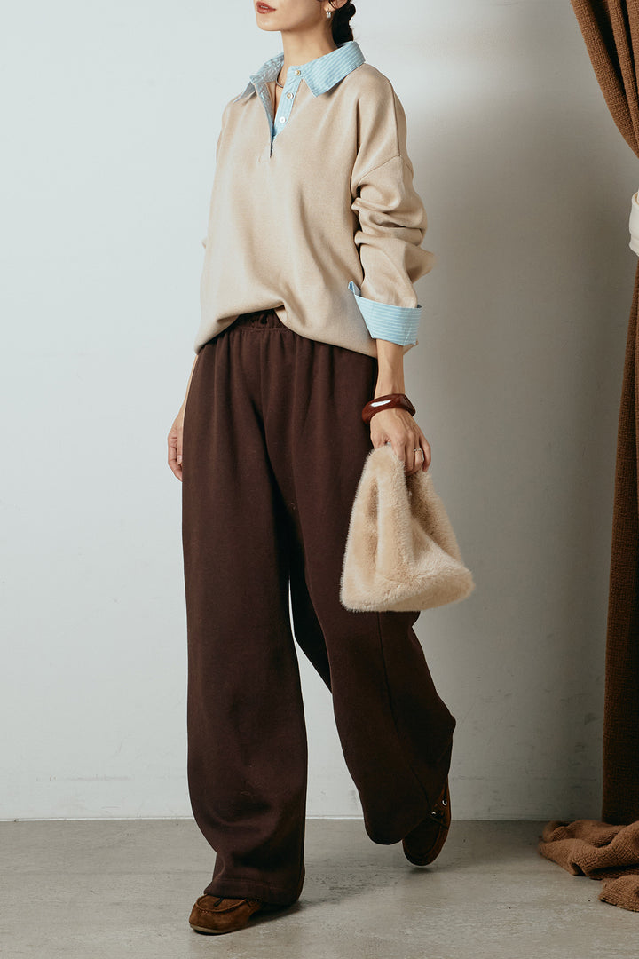 [SET]ストライプシャツドッキングポロトップス+裏起毛スウェットワイドパンツ(2set)