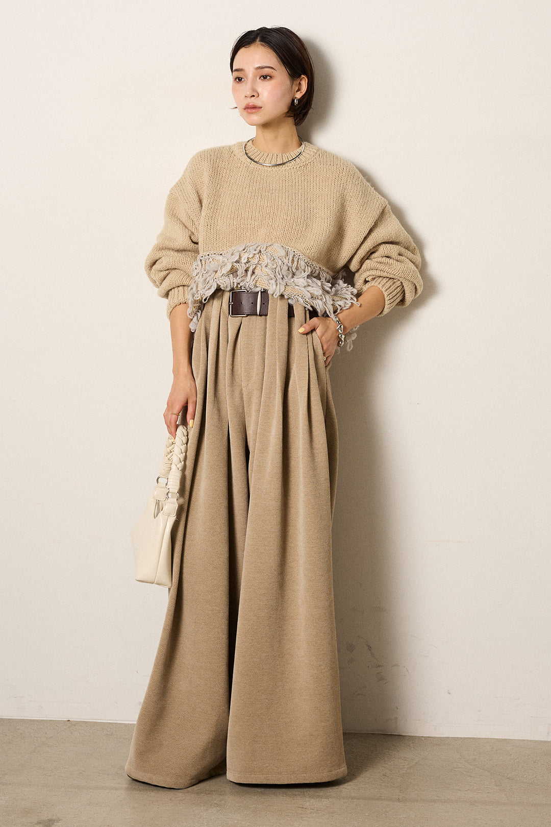 [SET]ループ編み切り替えニットプルオーバー+ベルトループコーデュロイワイドパンツ(2set)