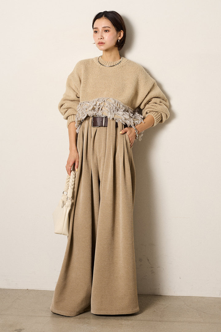 [SET]ループ編み切り替えニットプルオーバー+ベルトループコーデュロイワイドパンツ(2set)