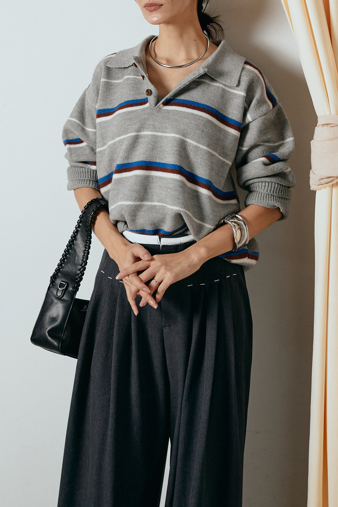 [SET]襟付きマルチボーダーニットポロトップス+ウエストステッチデザインワイドスラックス(2set)