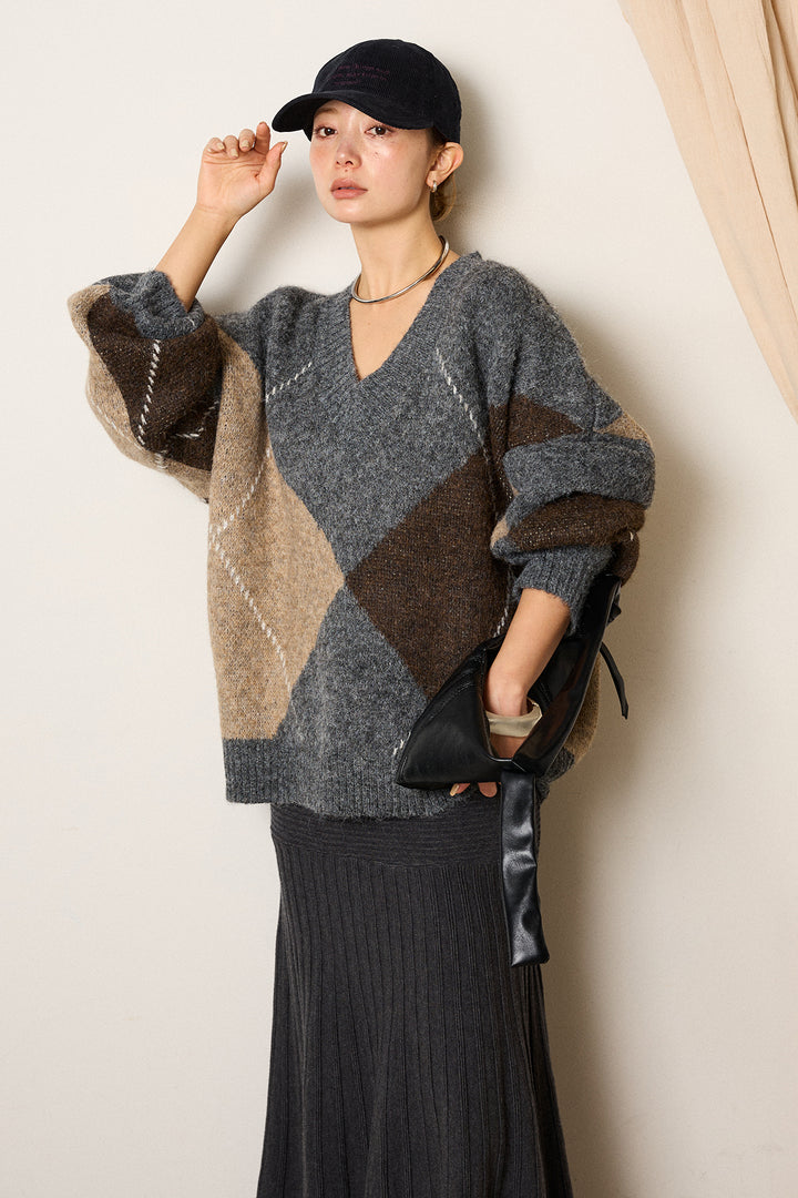 【着回しセット】[SET]ルーズアーガイルVネックニット+ルーズアーガイルVネックニット+編み地切り替えフレアニットスカート(3set)