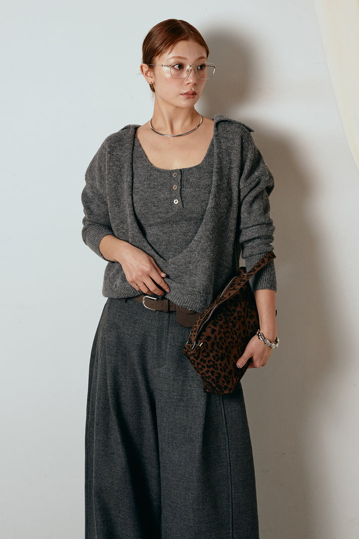 [SET]襟付きレイヤードニットトップス+ポーチベルト付きカーブパンツ(2set)