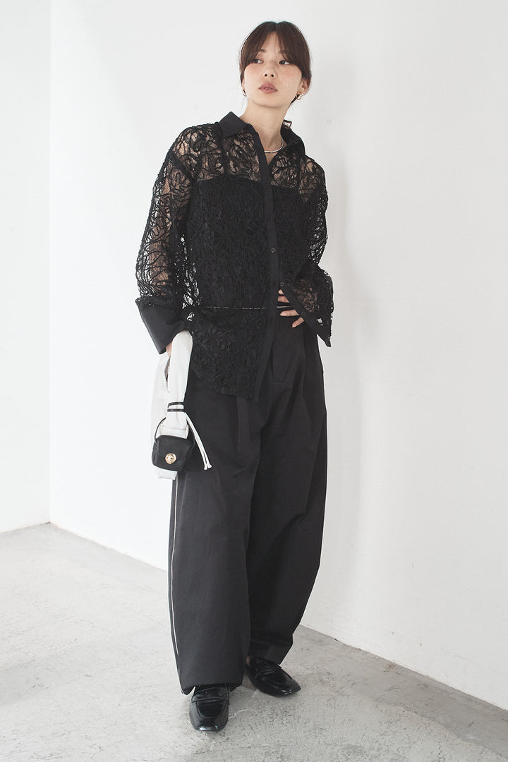 [SET]刺繍レースオーバーサイズシャツ+合繊ツイルパイピングタックカーブパンツ(2set)