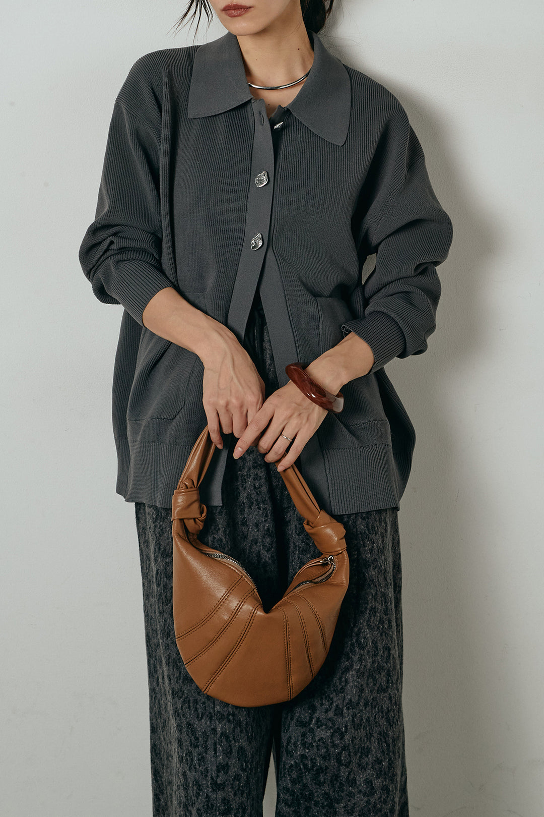 [SET]メタル釦衿付きニットカーディガン+リラックスレオパード柄ワイドパンツ(2set)