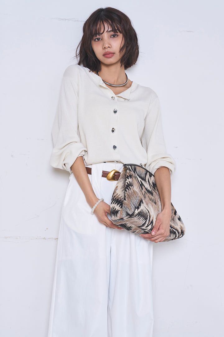 [SET]リサイクルポリニュアンス釦カーデ+ベルトループデザインハイウエストタックパンツ(2set)