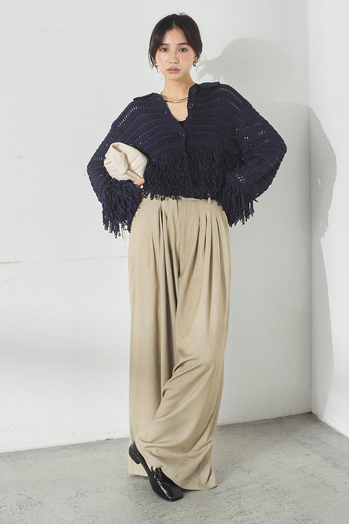 [SET]メッシュフリンジカーディガン+編みベルト付きウエストタックワイドパンツ(2set)
