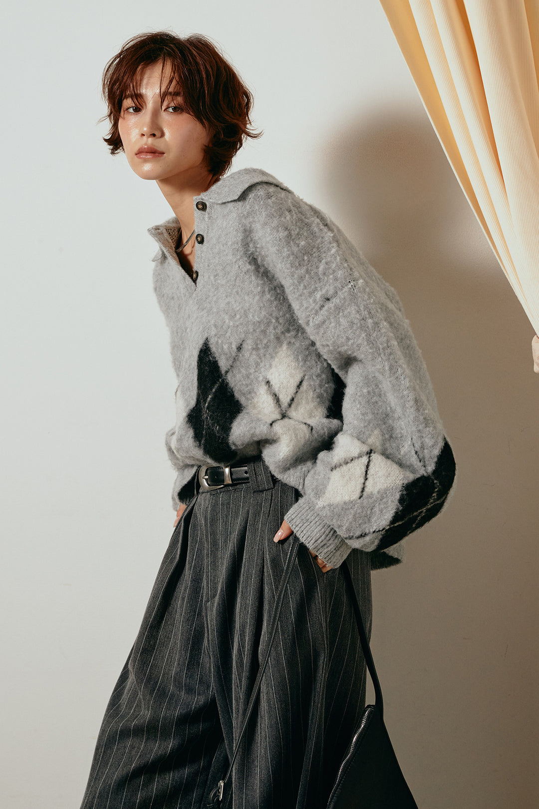 [SET]アーガイル柄ポロニットトップス+ストライプヘリンボーンパンツ(2set)