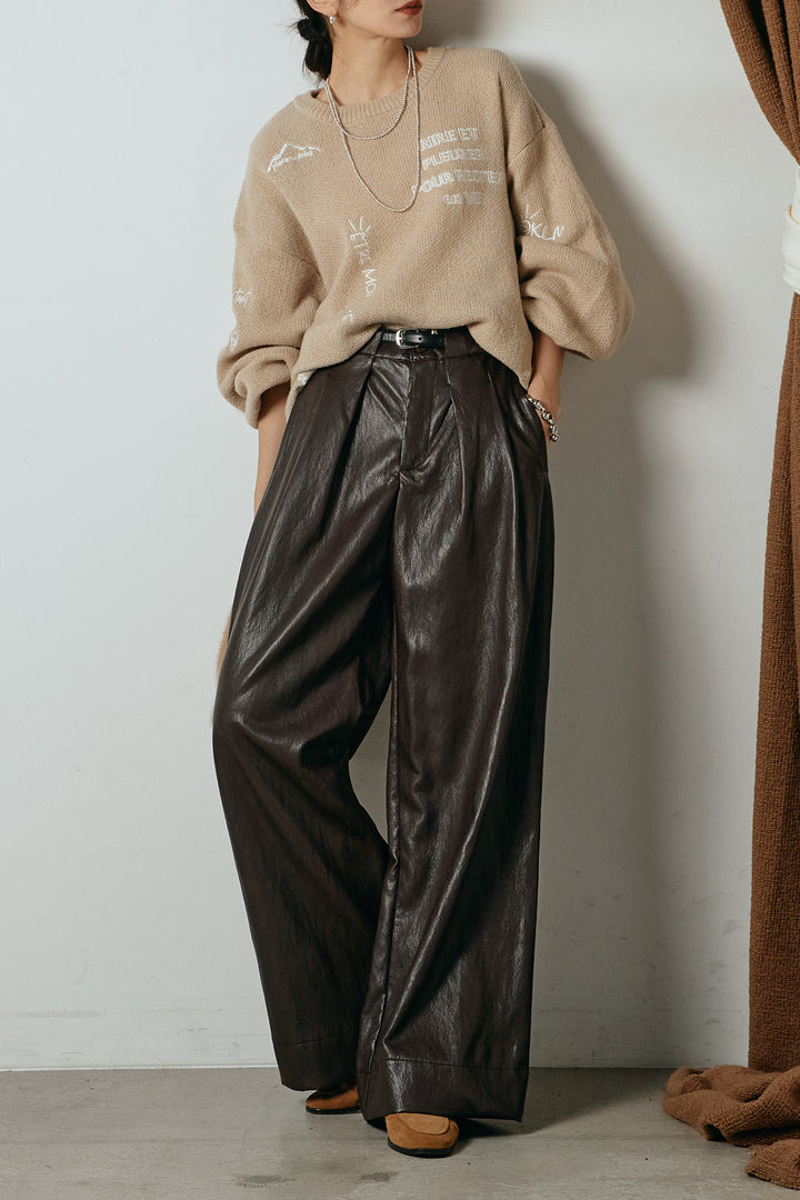[SET]刺繍ロゴランダムデザインニットトップス+ベルト付きレザーライクタックパンツ(2set)