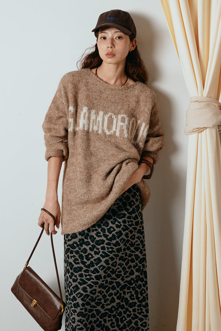 [SET]フロントロゴデザインニットトップス+レオパードロングスカート(2set)