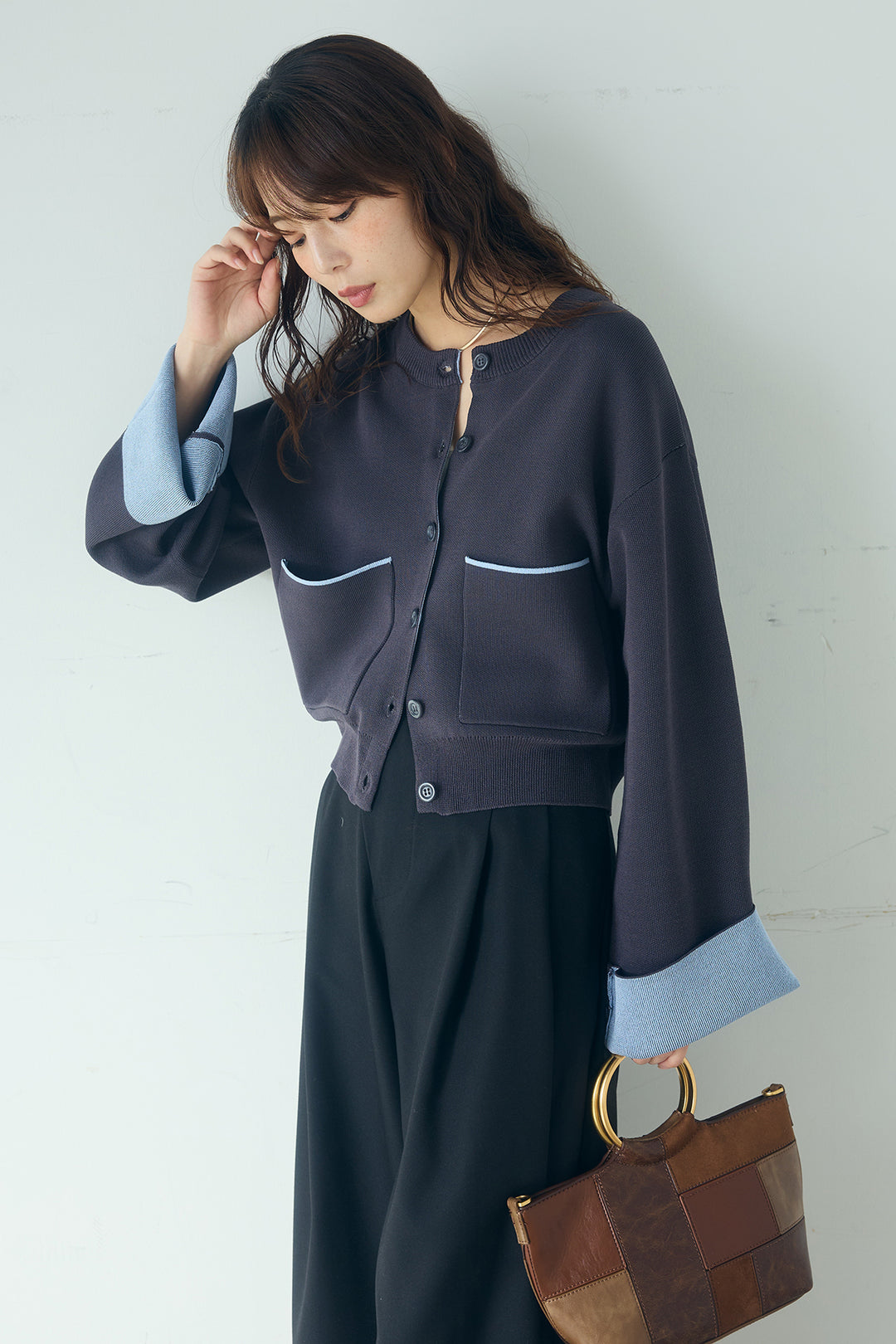 [SET]レーヨンポリダブルフェイスカーディガン+サイドベルトタック入りスラックス(2set)