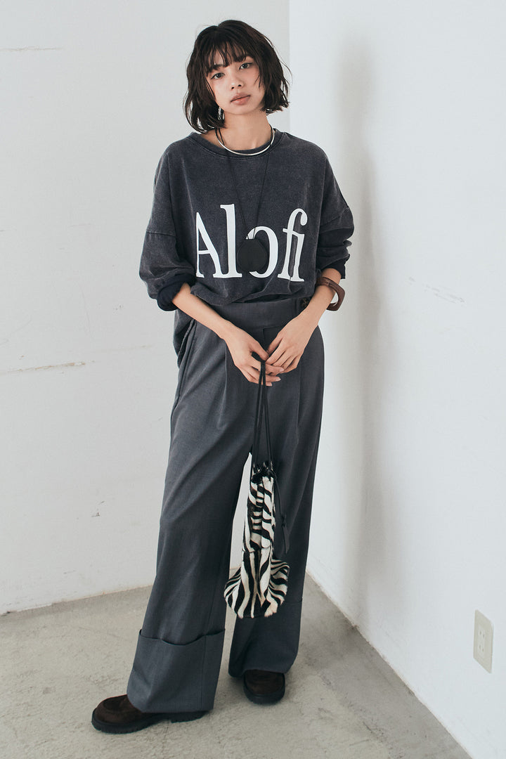 [SET]裾センタードロストロゴプリントワイドTシャツ+センタープレスセミワイドパンツ(2set)