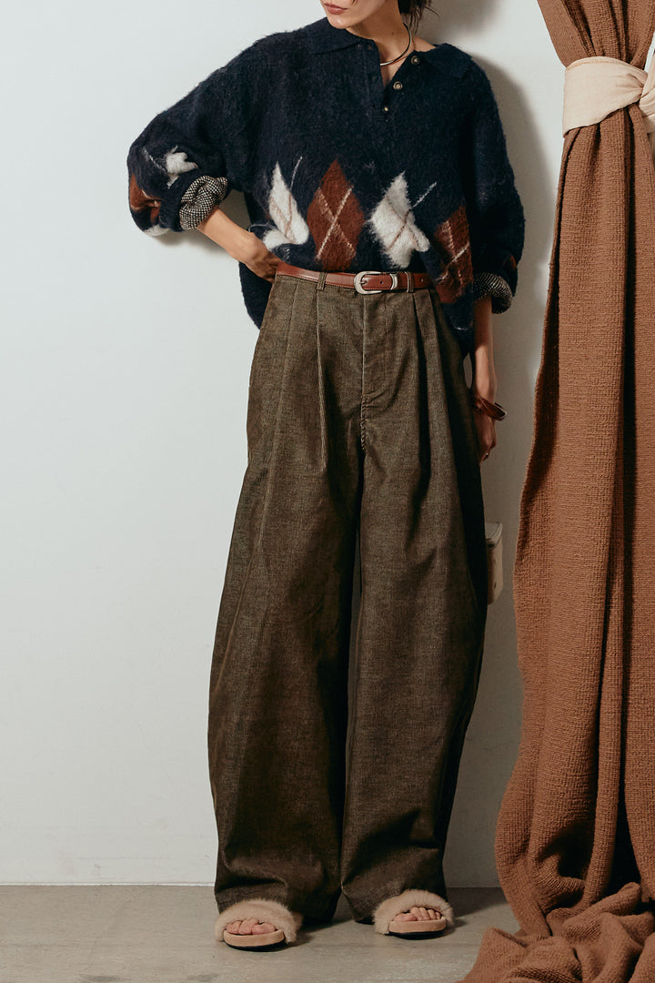 [SET]アーガイル柄ポロニットトップス+フロントタック入りコーデュロイパンツ(2set)