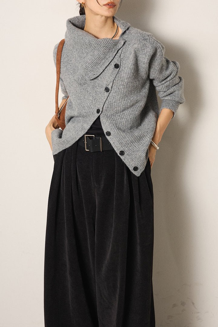 [SET]ボタンデザインネックニットプルオーバー+ベルトループコーデュロイワイドパンツ(2set)