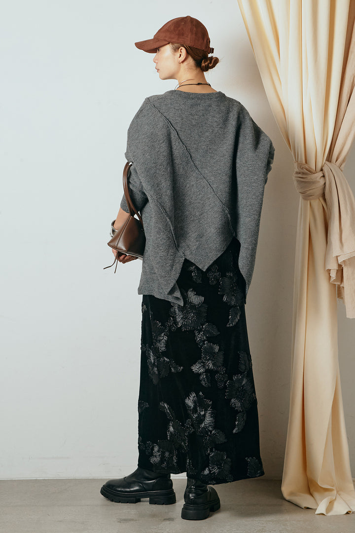 [SET]アシンメトリーデザインニットトップス+フラワー刺繍ワイドスカート(2set)