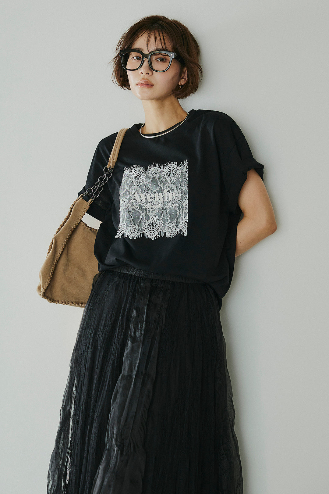 [SET]レースロゴ刺繍Tシャツ+レースコンビワッシャーギャザースカート(2set)
