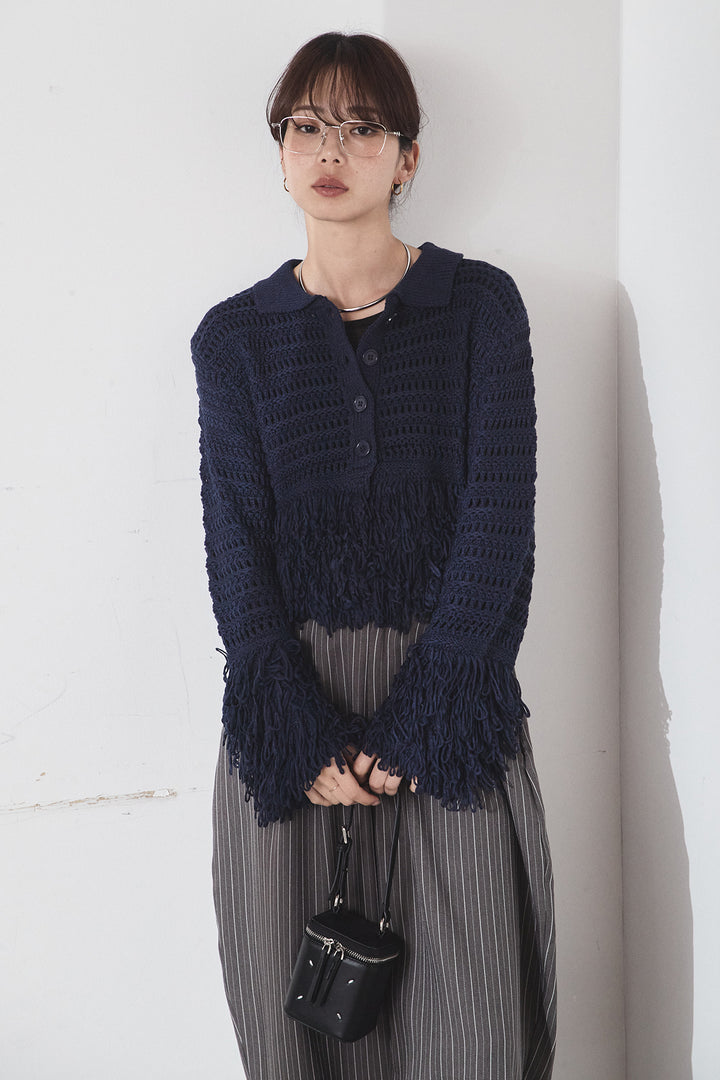 [SET]メッシュフリンジカーディガン+ヘリンボーンストライプツータックパンツ(2set)