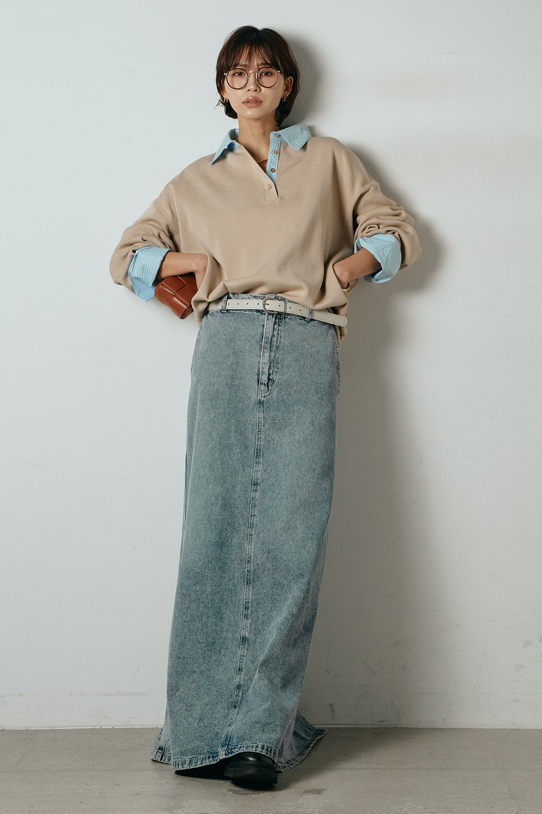 [SET]ストライプシャツドッキングポロトップス+デニムロングフレアスカート(2set)