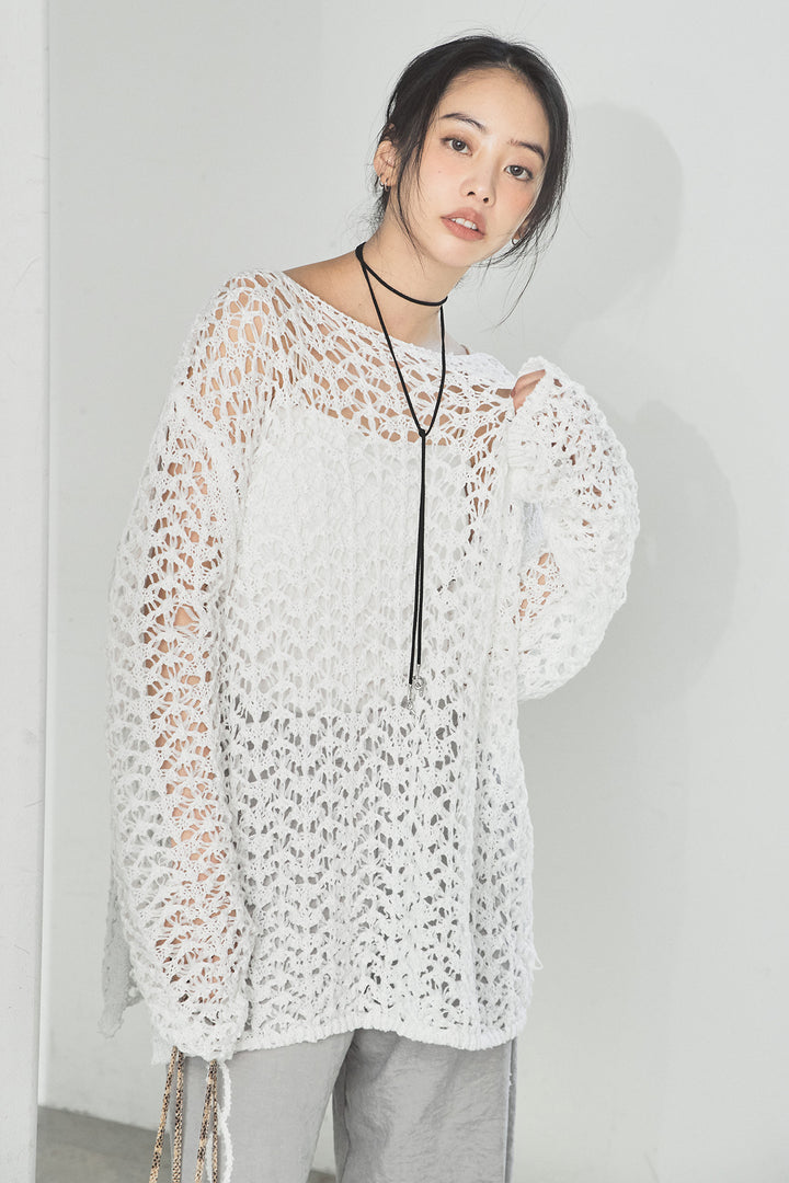 [SET]リラックスメッシュニットトップス+刺繡テープラインパンツ(2set)