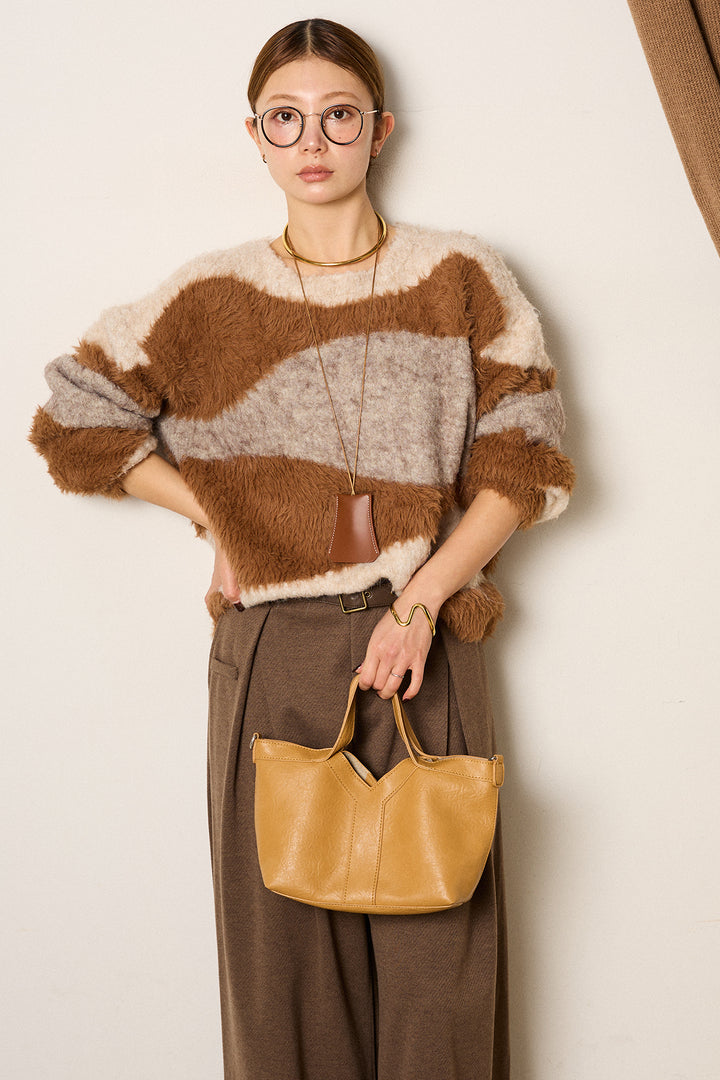 [SET]シャギーウェーブ柄クルーネックニットトップス+細ベルト付き起毛タックワイドパンツ(2set)