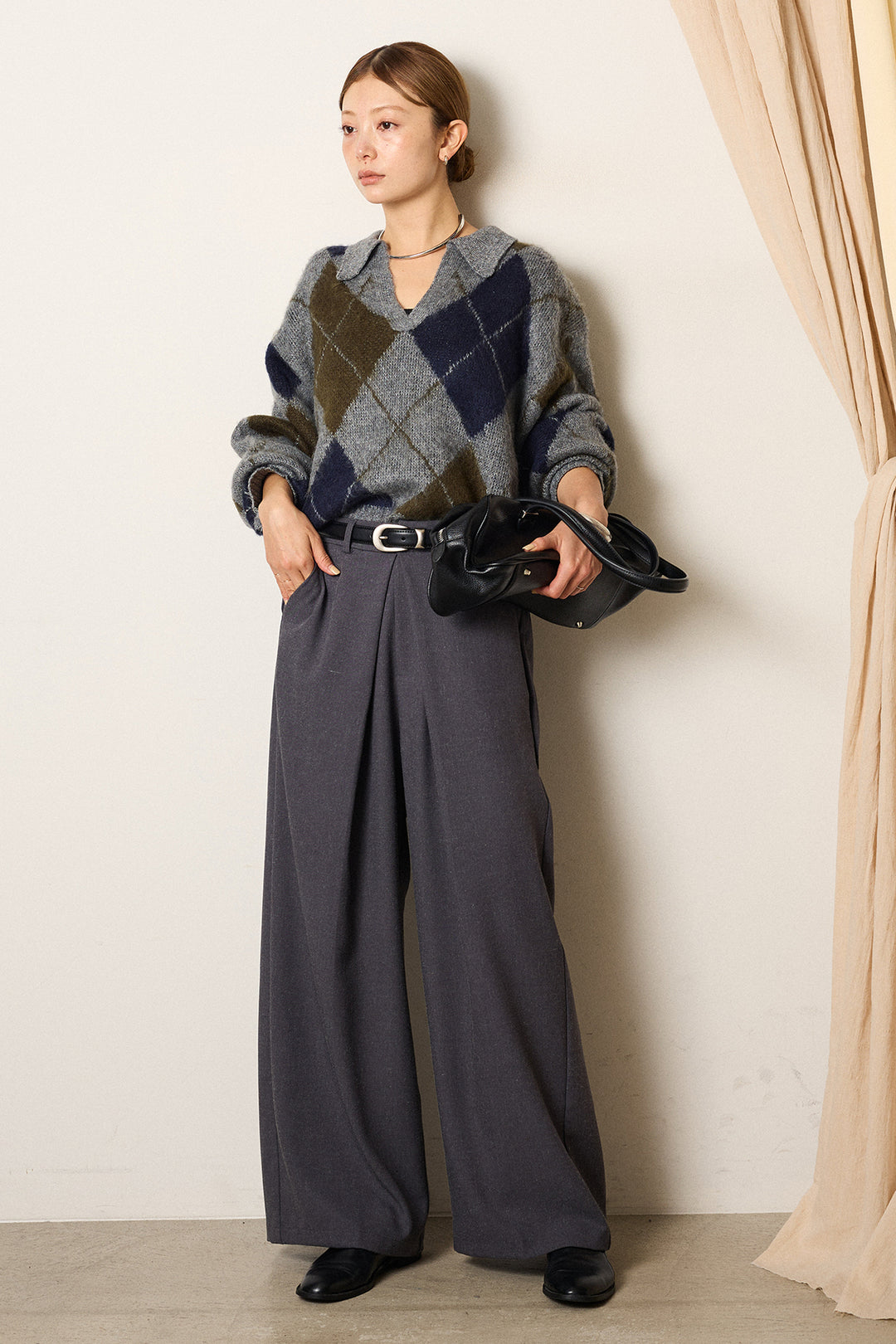 [SET]アクリルモヘアアーガイルキーネックプルオーバー+フロントワイドタックネップ入ワイドパンツ(2set)