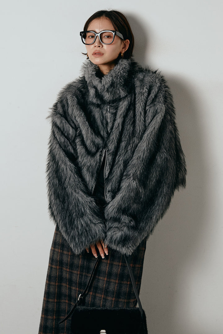 [SET]エコファーショート丈ブルゾン+シャギーチェックストレートスカート(2set)