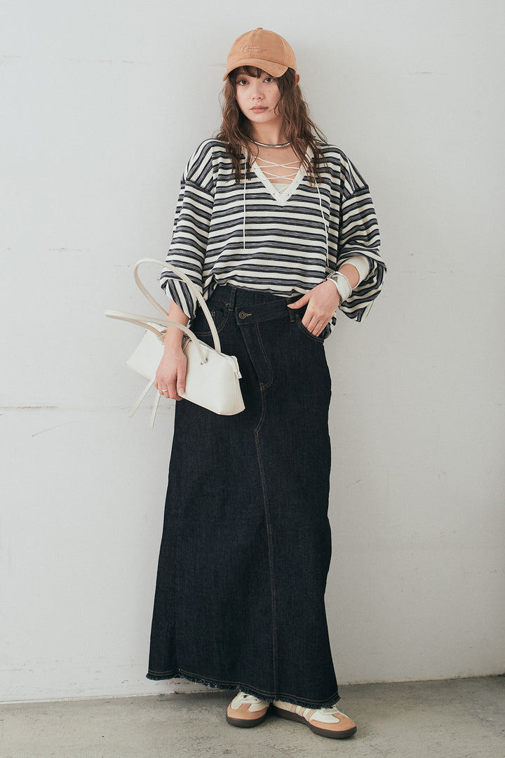 [SET]レースアップワッフルボーダートップス+ウエストクロスデニムタイトスカート(2set)