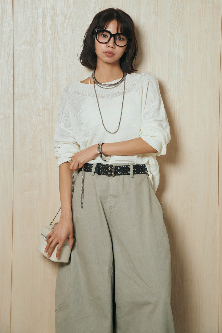 [SET]麻混リラックスニットトップス+ベルト付きカラーデニムパンツ(2set)