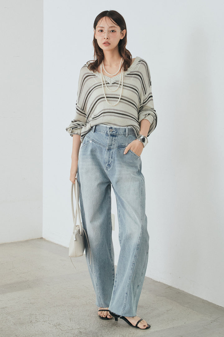 [SET]綿タッチVネックボーダートップス+デニムヨークパンツ(2set)