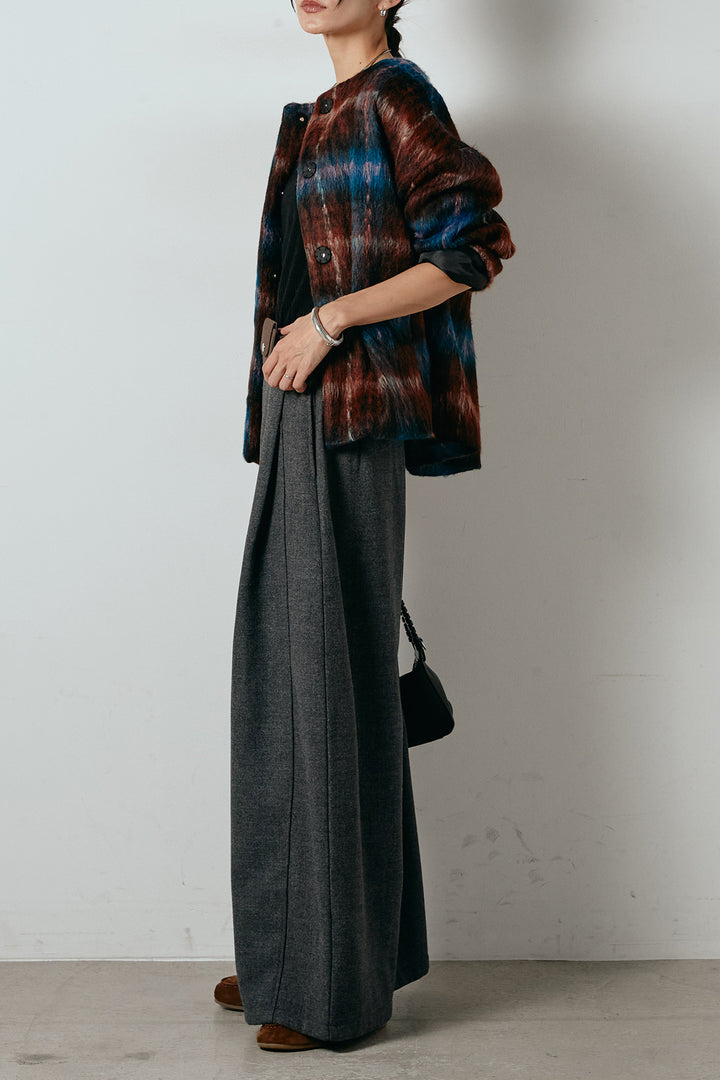 [SET]ノーカラーシャギーチェックアウター+ポーチベルト付きカーブパンツ(2set)