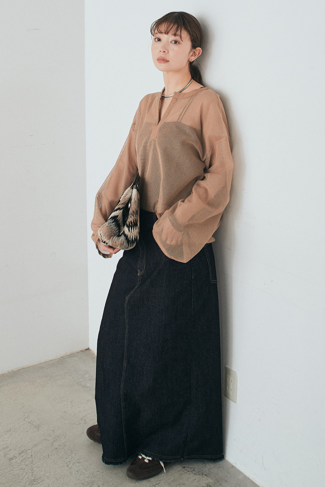 [SET]メッシュカットソースキッパープルオーバー+ウエストクロスデニムタイトスカート(2set)