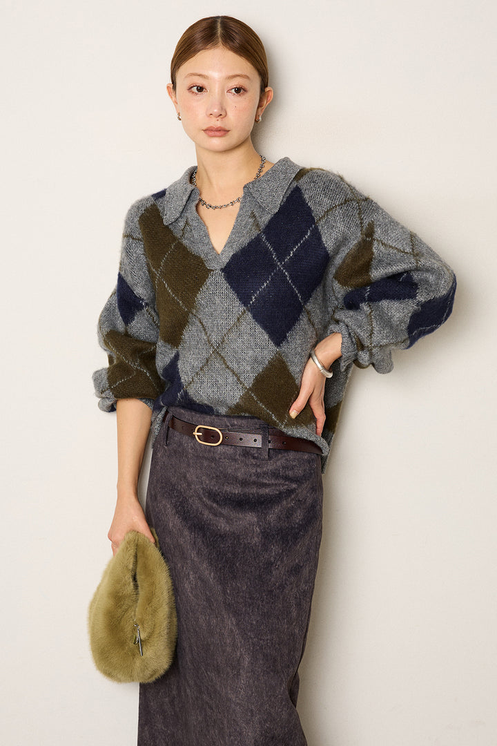 [SET]アクリルモヘアアーガイルキーネックプルオーバー+ロープベルト付きスウェード調スカート(2set)