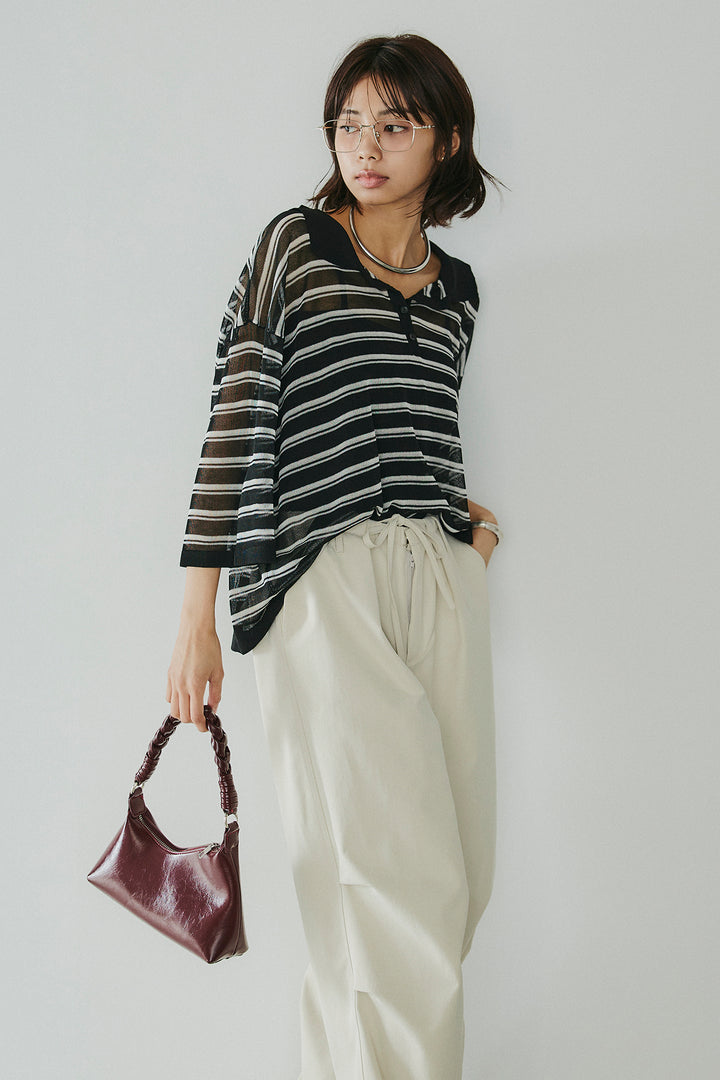 [SET]ボーダーニットポロシャツ+ニーサイドタックウエストドロスパンツ(2set)