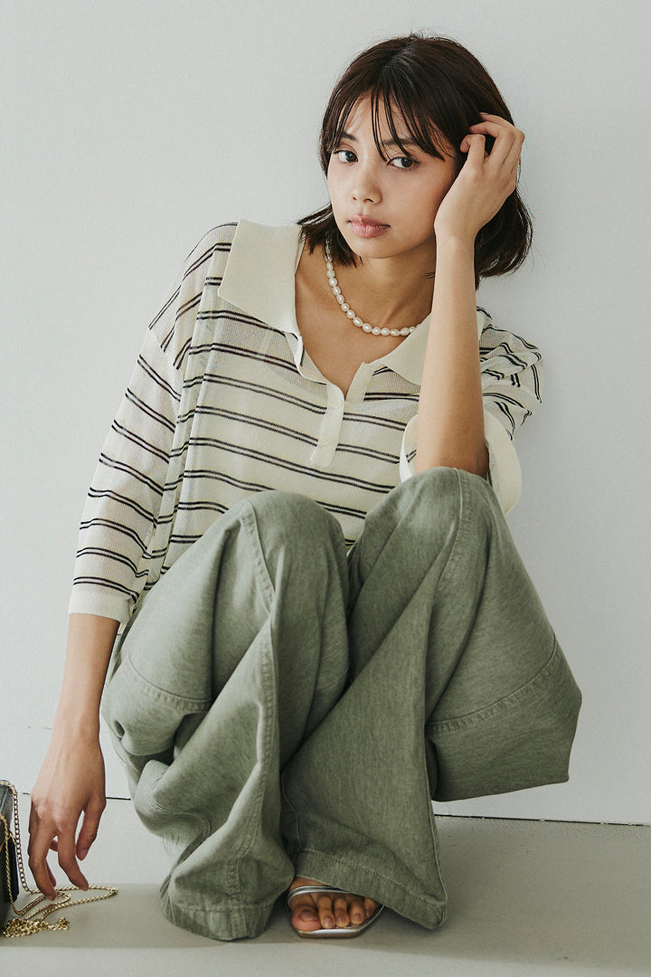 [SET]ボーダーニットポロシャツ+サイドベルトカーブワイドパンツ(2set)