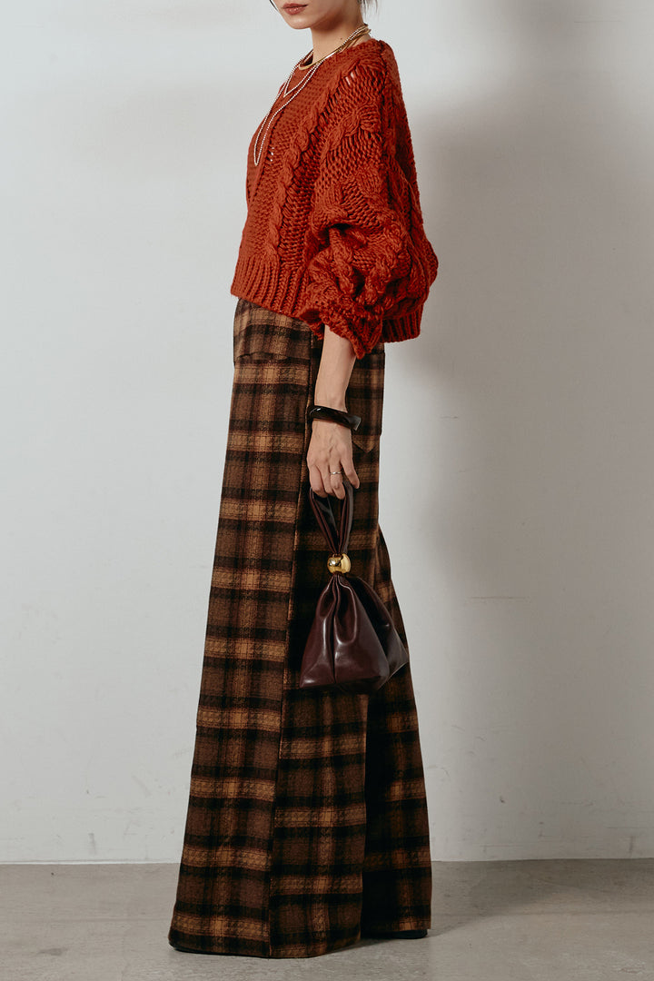 [SET]ロービングケーブルショート丈プルオーバー+ルーズタータンチェックワイドパンツ(2set)