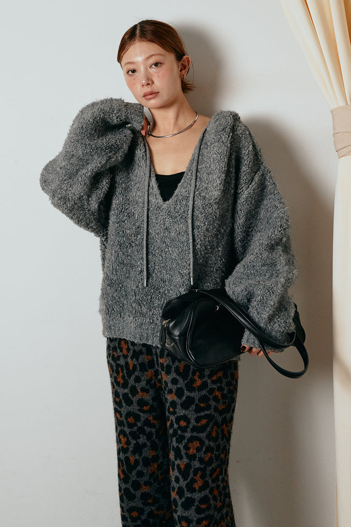 [SET]ブークレキーネックプルオーバー+リラックスレオパード柄ニットパンツ(2set)