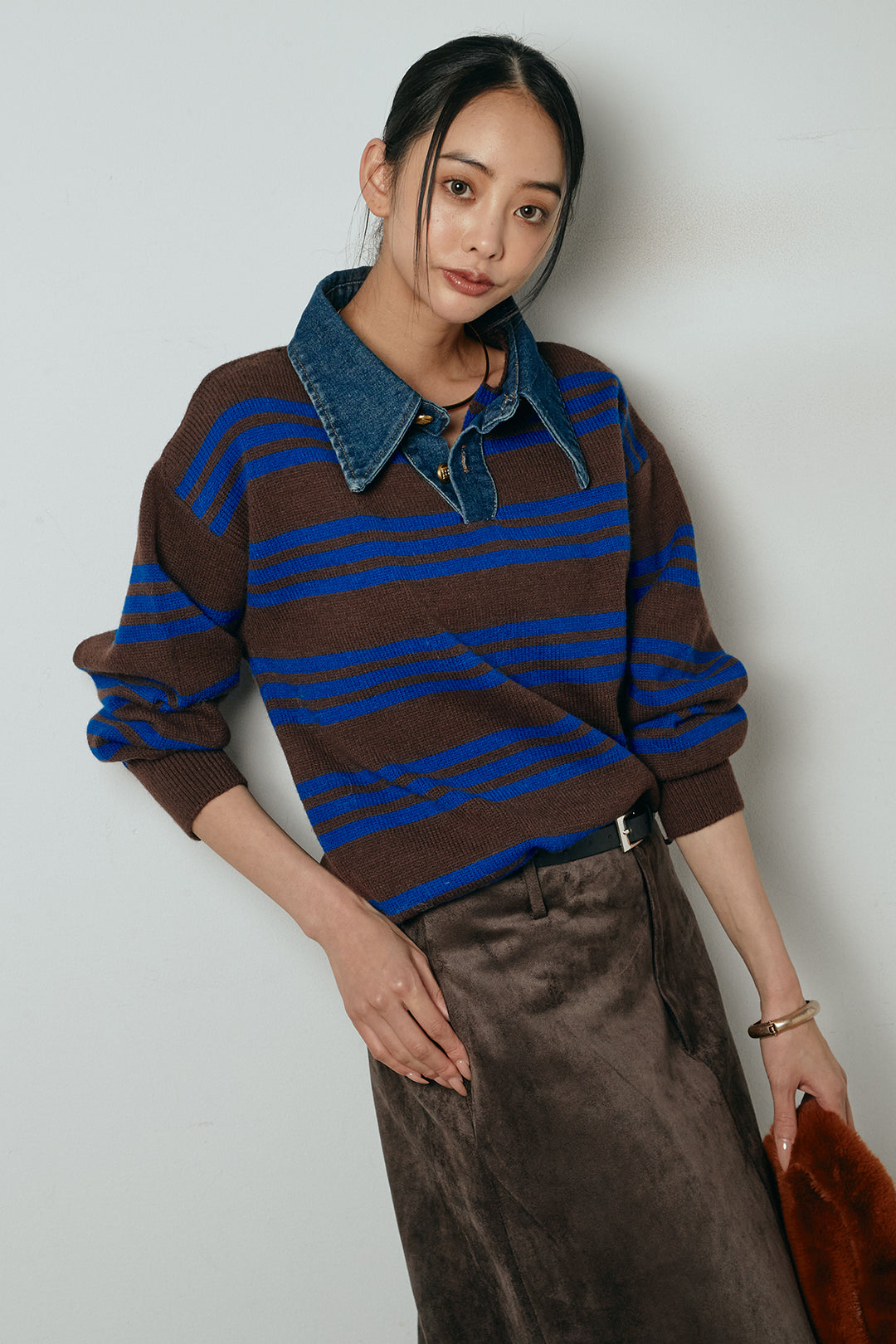 [SET]デニムレイヤード風ランダムボーダーニットプルオーバー+エコスウェードワイドスカート(2set)