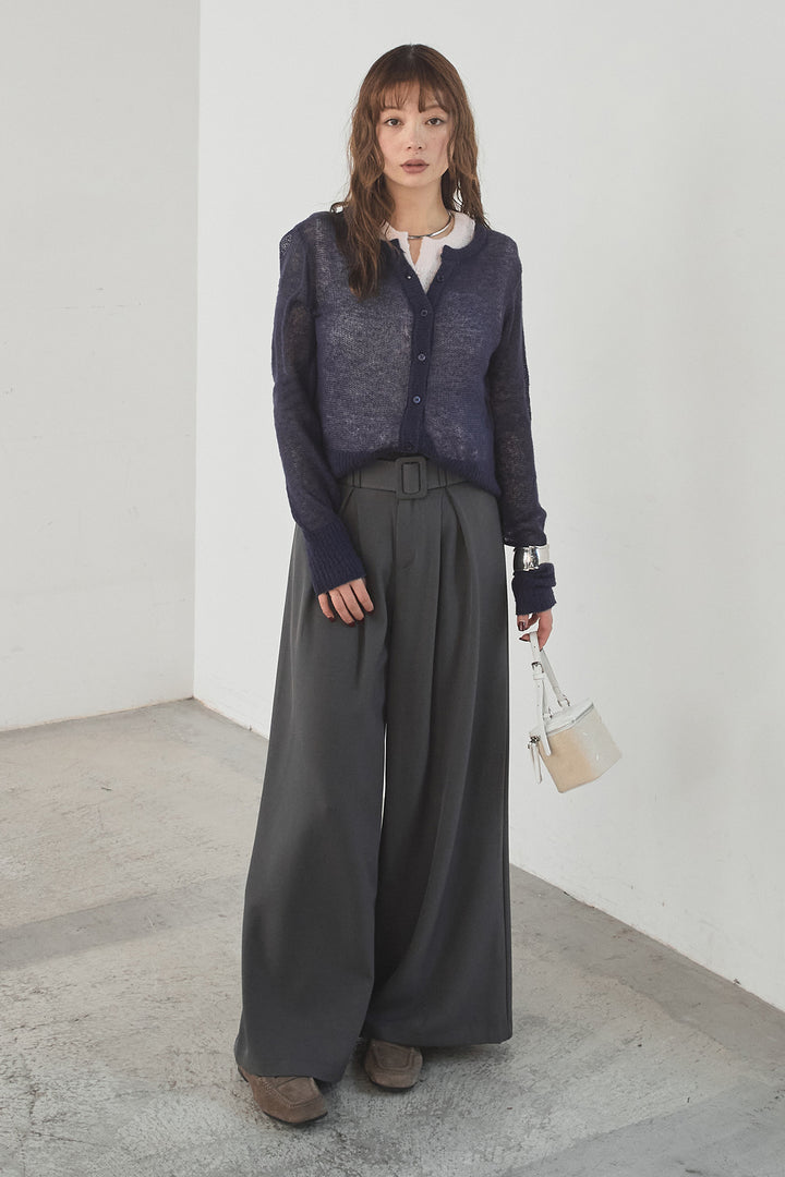[SET]モヘア透かし編みレイヤードアンサンブルセット+ベルト付きツータックワイドパンツ(2set)