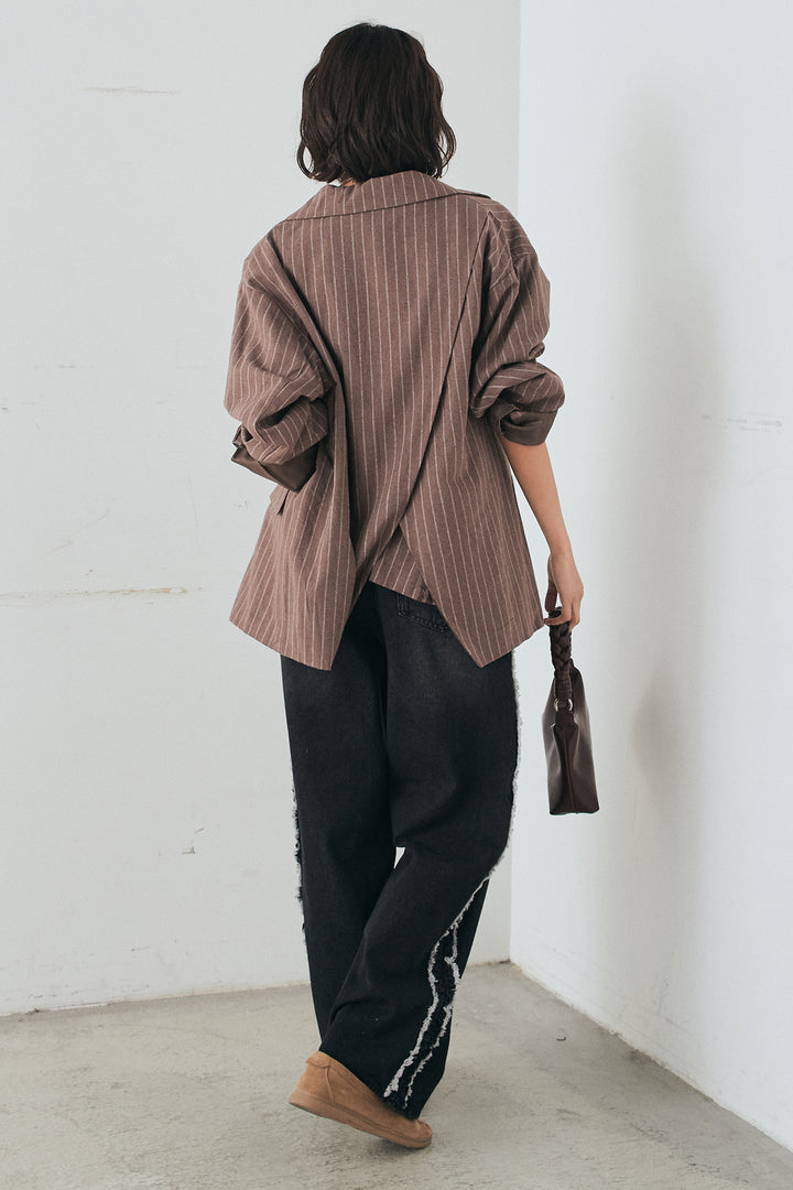 [SET]リネンライクストライプテーラードジャケット+デニムサイドフリルパンツ(2set)