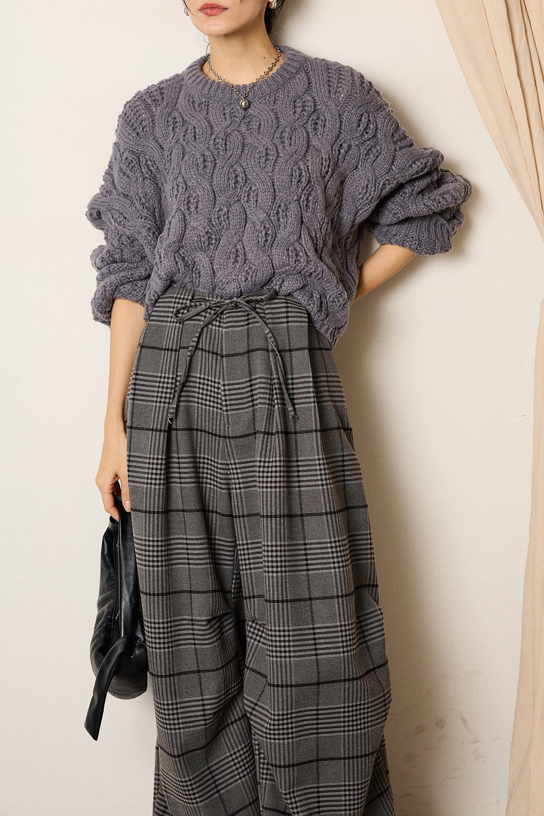 [SET]ケーブルリラックスショートニット+グレンチェックルーズタックパンツ(2set)
