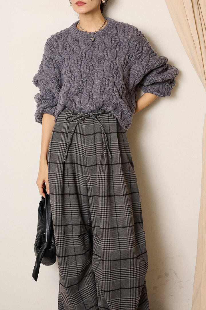[SET]ケーブルリラックスショートニット+グレンチェックルーズタックパンツ(2set)
