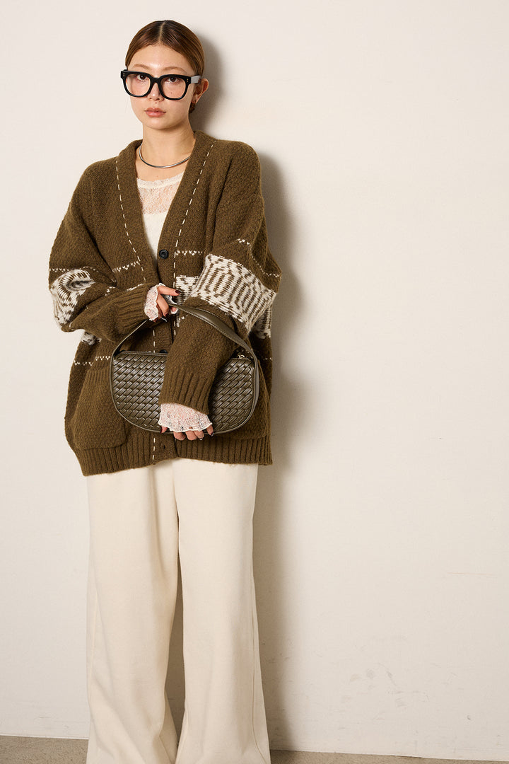 [SET]ライン柄ステッチニットカーディガン+2WAY袖コード刺繍クルーネックプルオーバー(2set)